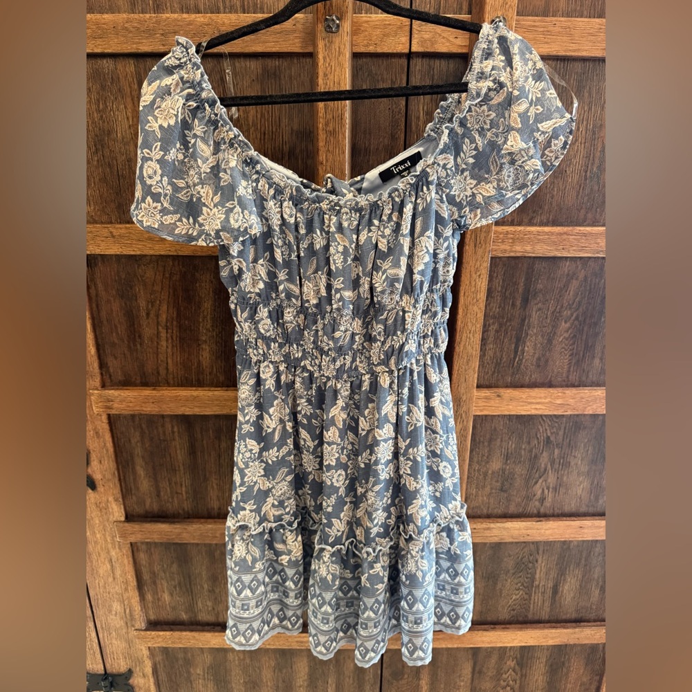 Trixxi Dusty Blue Floral Off-Shoulder Dress with Ivory Print